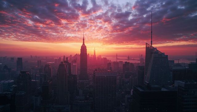 Dramatic skyline at sunset with glittering urban architecture