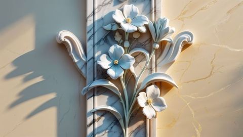 Carved floral forget me not relief on luxurious marble interior