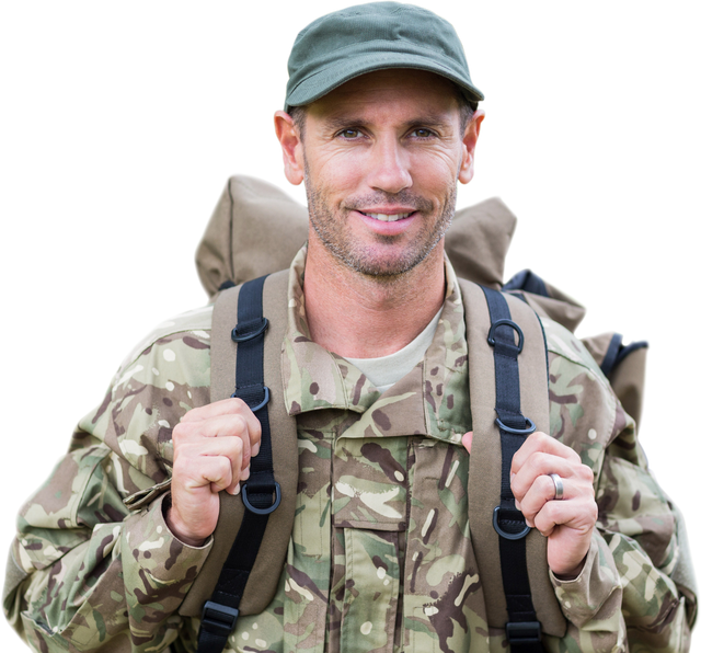 Smiling Army Officer Holding Bag in Camouflage Uniform and Cap Transparent Background - Download Free Stock Videos Pikwizard.com