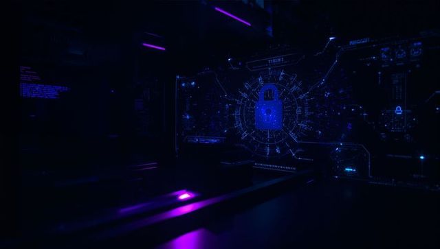 Digital Padlock Glowing with Holographic Code in Cybersecurity Center