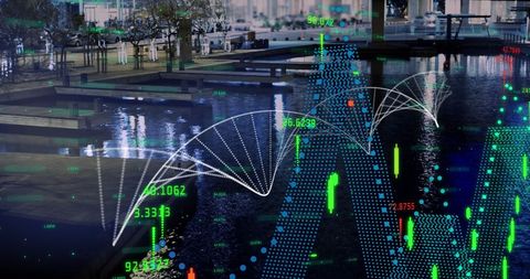 Digital Financial Analytics Over Cityscape Illustrating Stock Market Trends