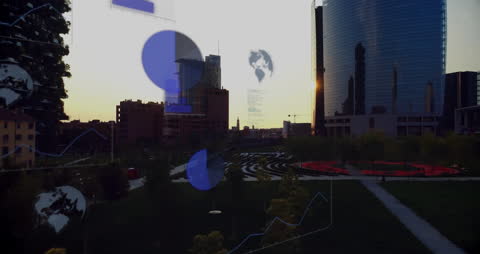 Futuristic Data Overlay on Cityscape at Sunset