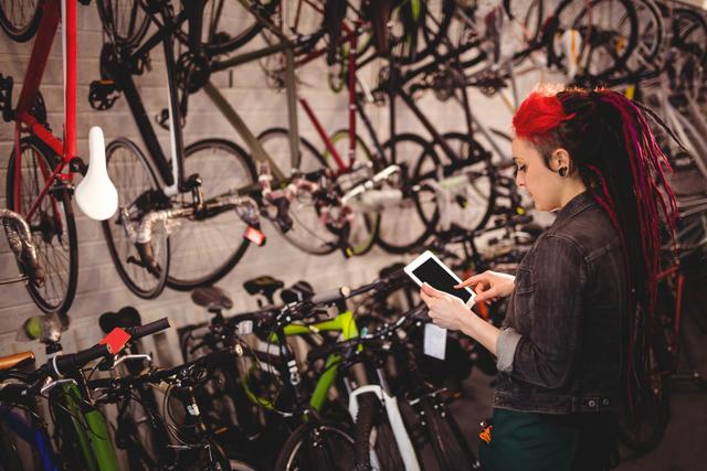 Bicycle mechanic using a digital tablet in a workshop filled with various bicycles. Ideal for illustrating modern technology in traditional professions, bike repair services, or showcasing a professional working environment in a bike shop.