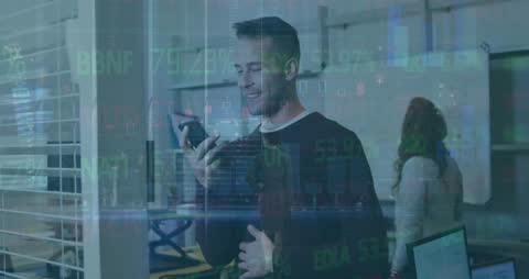 Business Professional Engaged in Mobile Communication with Stock Data Overlay