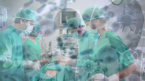 Surgeons Working in Operating Room with COVID-19 Cell Animation Overlay