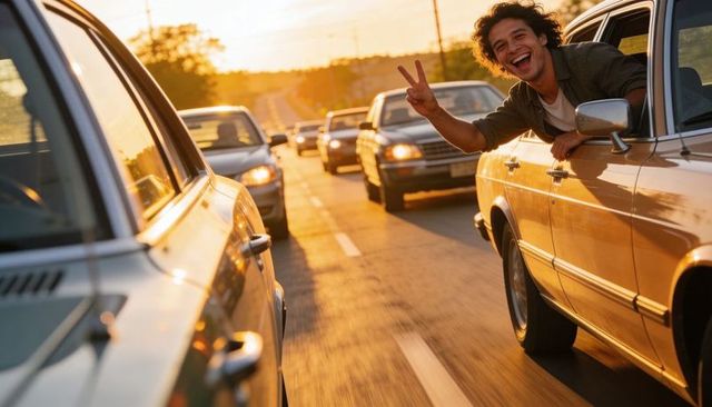 Young man leaning out of gold sedan flashing peace sign on golden-hour highway