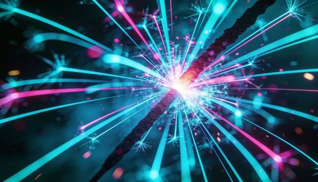 Neon sparkler bursting cyan and magenta light trails with glowing sparks and embers