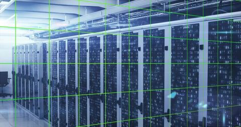 Futuristic Data Center Infrastructure with Illuminated Server Racks