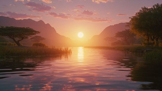 Serene Sunset Over Lake with Mountain Silhouette at Dusk