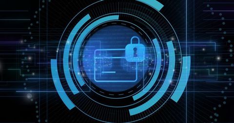 Concentric Cybersecurity HUD Protecting Digital Folder with Padlock and Binary Code