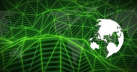 Floating globe hovering above neon green wireframe landscape, digital data visualization