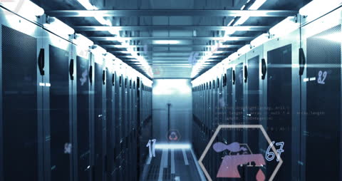 Futuristic Data Processing Animation in High-Tech Server Room