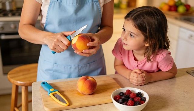 Mother Slicing Peach While Young Daughter Watches on Kitchen Counter with Berries