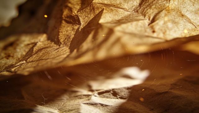 Golden crumpled parchment macro texture with warm light and dust bokeh