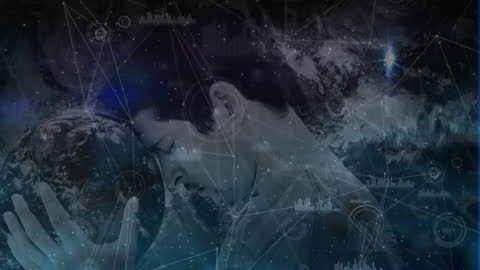 Caucasian Man Merging with Digital Globe and Data