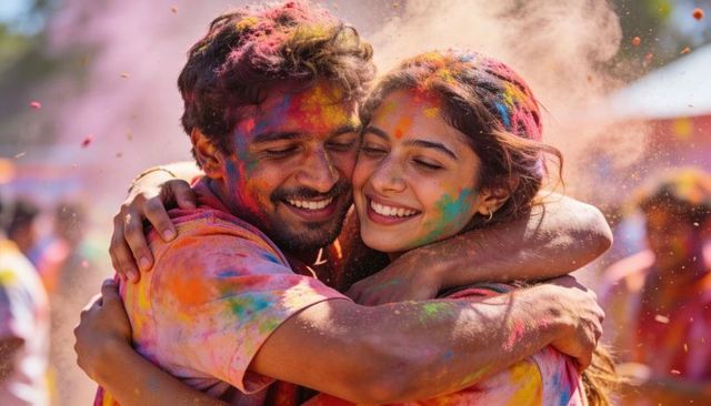 Young indian couple embracing and smiling during holi festival with vibrant gulal powder