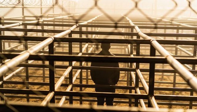 Standing silhouetted man in sunlit fenced corridor with razor wire conveying isolation