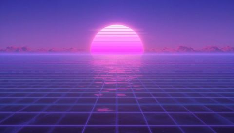 Reflecting neon sun over retro synthwave grid horizon vaporwave dreamscape