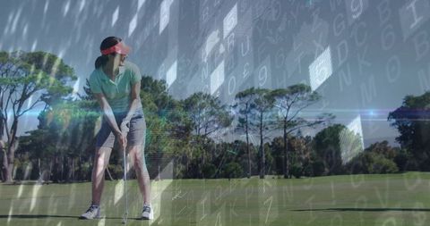 Female Golfer Preparing to Putt with Digital Overlay Effects