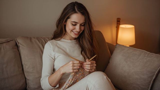 Smiling woman knitting on beige sofa, cozy evening crafting with wooden needles and yarn