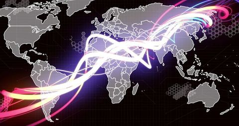 Neon global network map streaming light trails digital connectivity across globe hexagon nodes strea