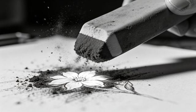 Kneaded eraser lifting charcoal dust revealing white flower on rough textured paper macro closeup