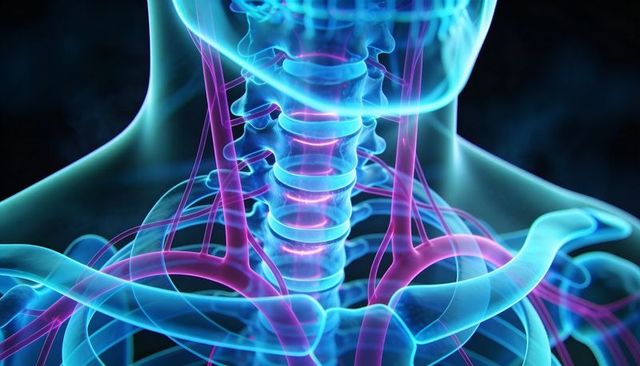 Glowing Cervical Spine Showing Translucent Trachea, Clavicles and Vascular Network