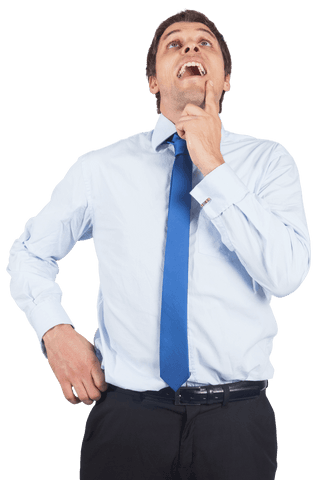 Transparent thinking businessman touching chin in white shirt and blue tie