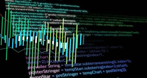 Displaying 3D color-coded bars with floating monospaced code and neon data lines