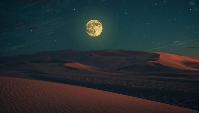 Majestic Full Moon Over Serene Desert Dunes Under Starry Sky