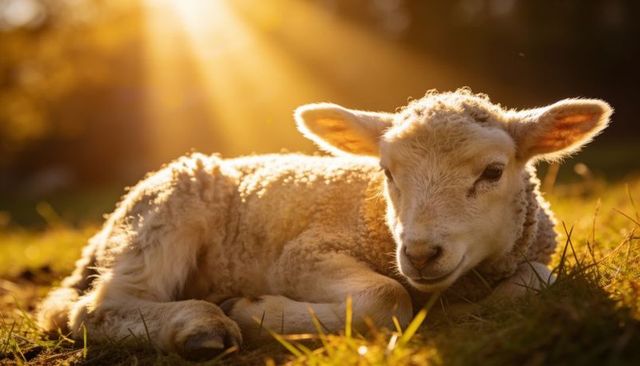 Newborn lamb basking in golden-hour light on grassy pasture with backlit fleece