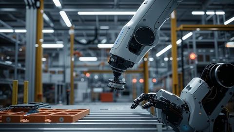 Robotic arms assembling parts in modern factory unit