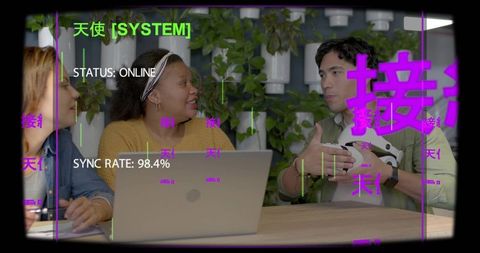 Diverse team collaborating with vr headset and laptop in green office augmented interface