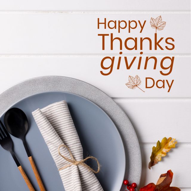 Perfect for seasonal greeting cards, social media posts, party invitations, or websites celebrating Thanksgiving. The warm autumnal elements like leaves and wrapped cutlery evoke a cozy holiday atmosphere, ideal for conveying gratitude and festivity.