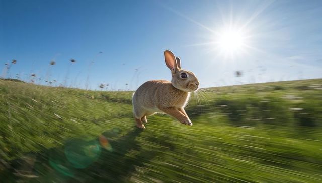 Leaping brown rabbit racing across sunlit meadow with motion blur and lens flare, blue sky