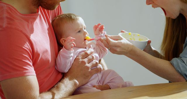 Mother Feeding Baby with Spoon While Father Holds Child - Download Free Stock Images Pikwizard.com