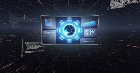 Floating holographic control panel rotating over dark 3d grid with neon blue analytics hub