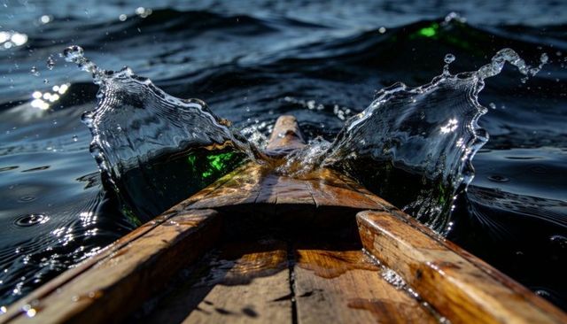 Canoe bow cutting dark lake water creating twin splashes and reflected highlights