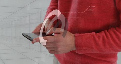 Businessman using smartphone with digital financial interface