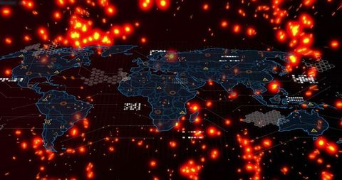 Holographic world heatmap showing cyber hotspots and sparking data particles