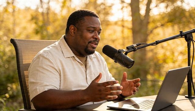 Host recording outdoor podcast at golden hour with laptop and professional microphone
