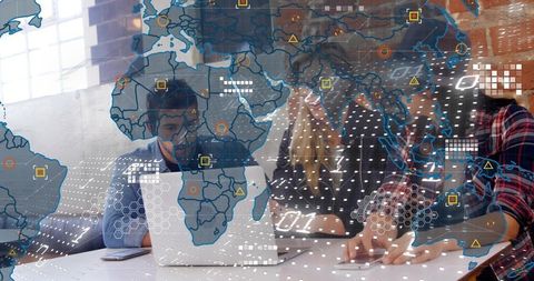 Global team collaborating on laptop visualizing data analytics with world map overlay