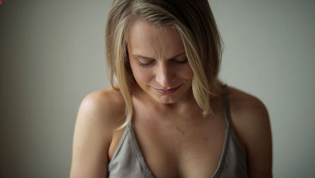 Intimate portrait blonde woman looking down smiling softly