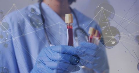 Nurse holding blood sample tubes with molecular network overlay for clinical diagnostics