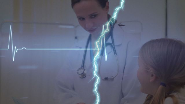 This visualization concept intertwines real-world medical interaction and advanced data graphics, showcasing a healthcare professional consulting a patient. The animated cardiogram and lightning illustrate dynamic aspects of health monitoring and medical technology. Ideal for thematic video promotions, medical education material, or healthcare industry promotions focusing on patient care technology.