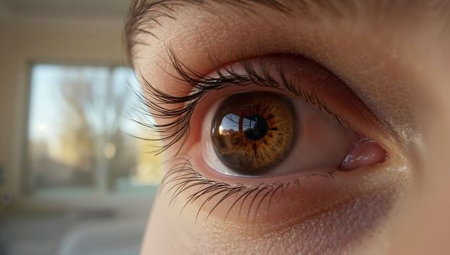 Macro closeup brown hazel eye showing detailed iris texture, long lashes and window glint