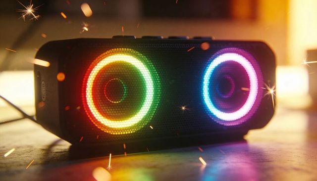 Glowing Portable Bluetooth Speaker Sitting on Reflective Surface Showing Dual RGB Rings