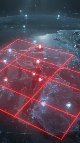 Rotating 3D globe displaying red grid scanning land and pinpoint markers for cyber mapping