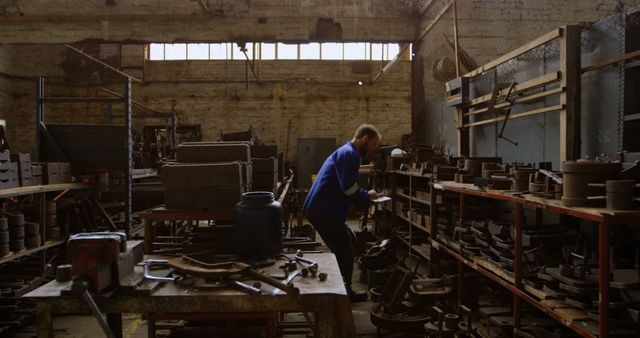 A middle-aged Caucasian man works diligently in a cluttered, old industrial workshop, surrounded by metal parts and machinery. His focus on the task at hand suggests a craftsman or mechanic immersed in his trade.