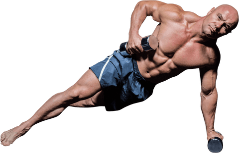 Athletic man in side plank with dumbbells on transparent background